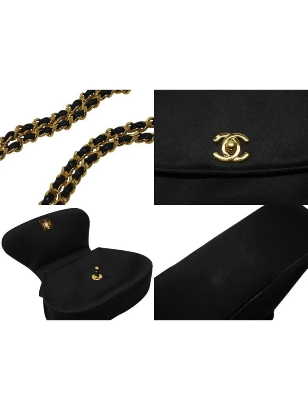 Chanel Half Moon Chain Bag CC Logo Satin Leather Black Gold